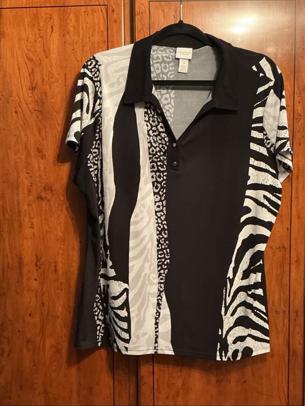 Black & White Animal-Print Button Down Polo Top